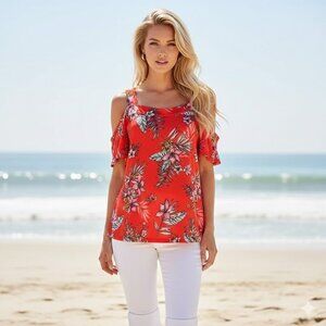 Floral Red Women's  Cold Shoulder Top